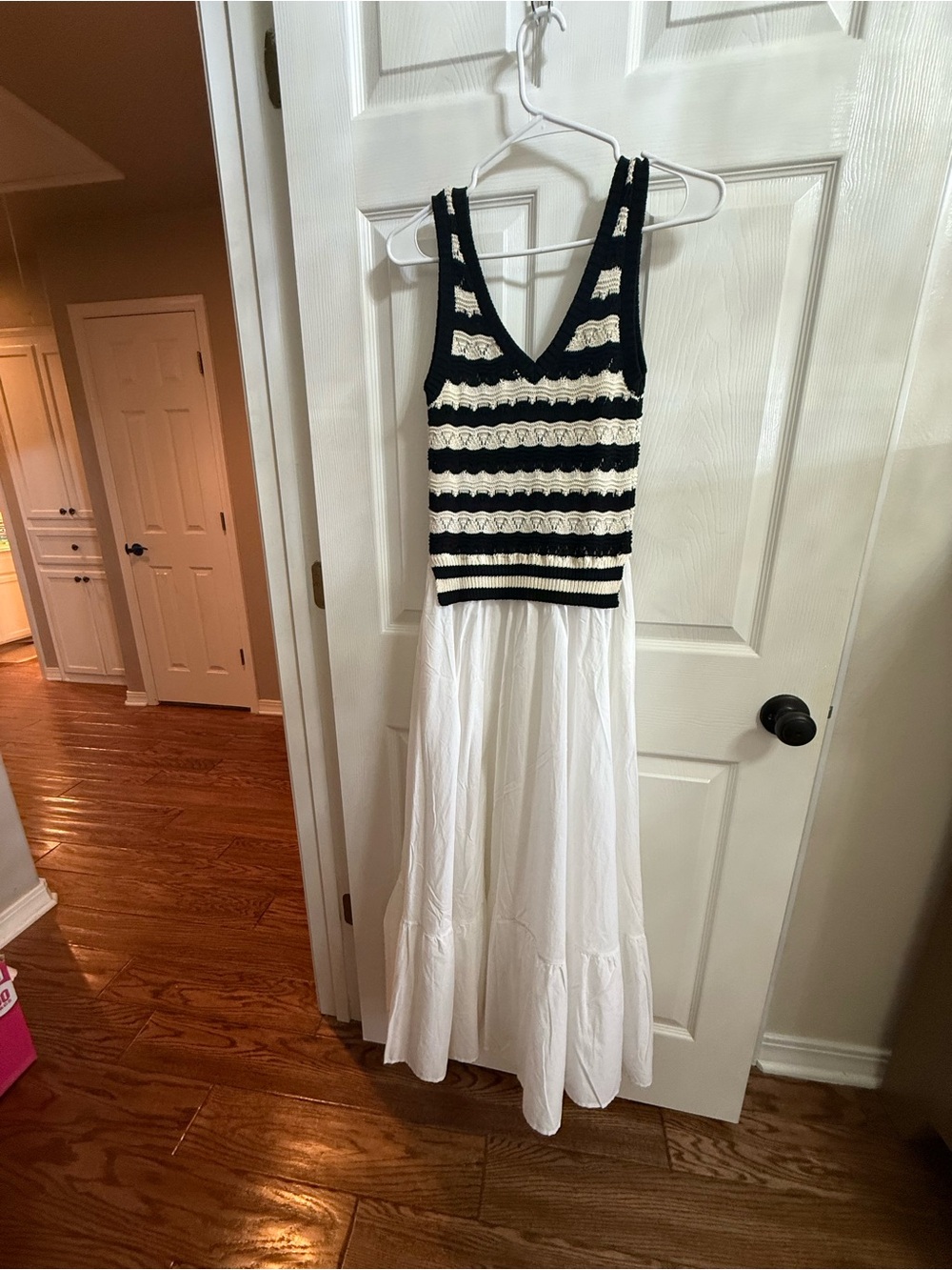 Elan Black and White Striped Knit-Bodice Maxi Dress